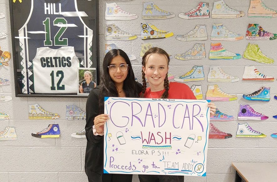 Grade 8 students at Elora Public School holding car wash for Team Addy post image