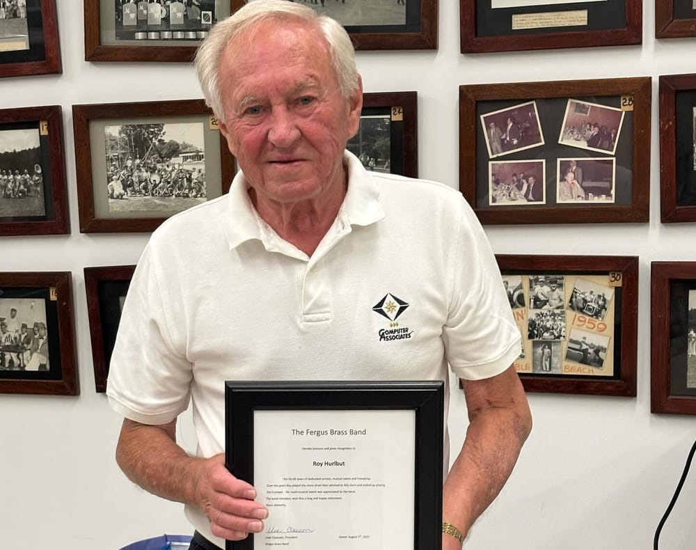Roy Hurlbut retires trumpet after 66 years with Fergus Brass Band post image