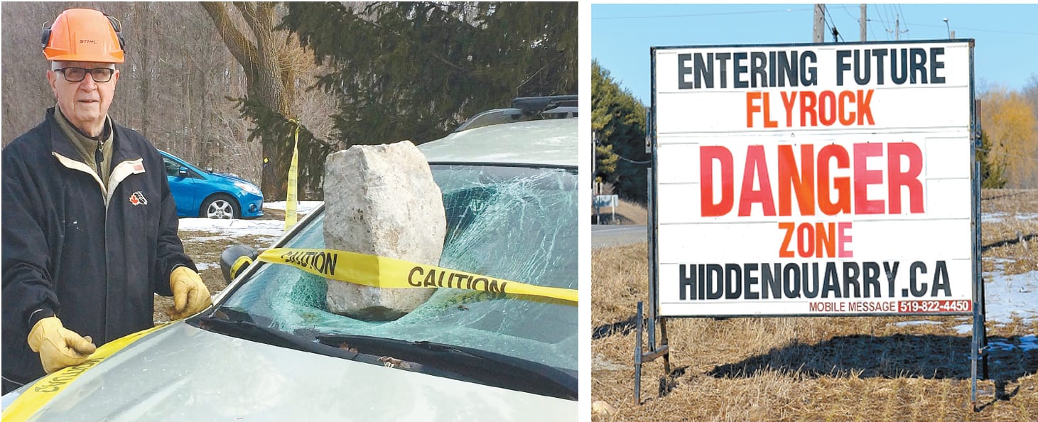 Quarry opponents proclaim ‘future  flyrock danger zone’ on Highway 7