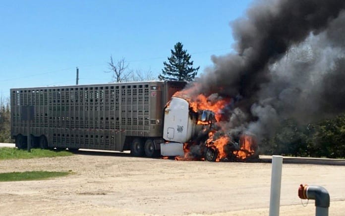 Tractor trailer destroyed by fire near Conn