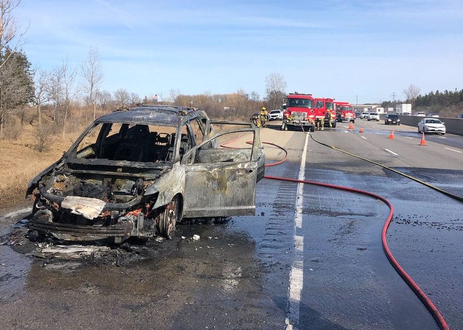 Puslinch firefighters respond to car fire on Highway 401