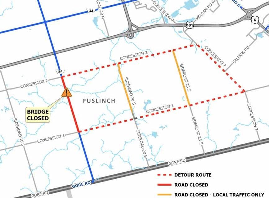 Paddock Bridge is out and detours are causing problems for Puslinch Township