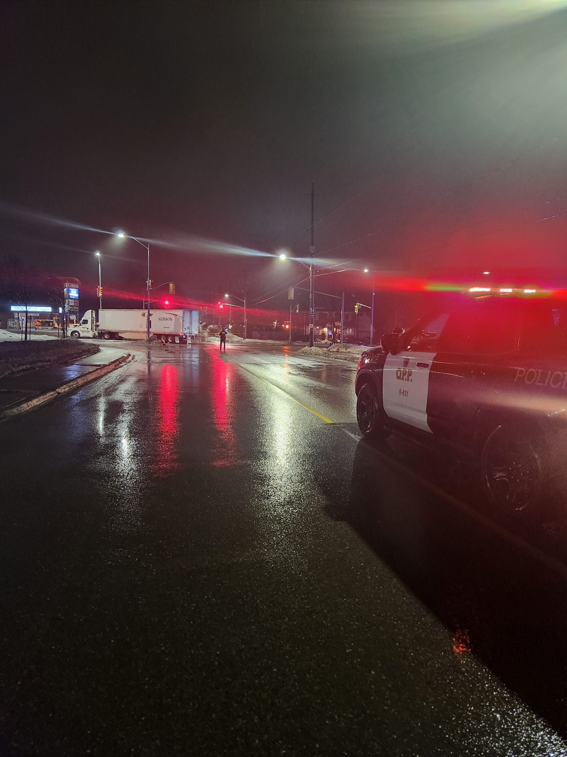 Pedestrian hit by transport truck at Fergus intersection